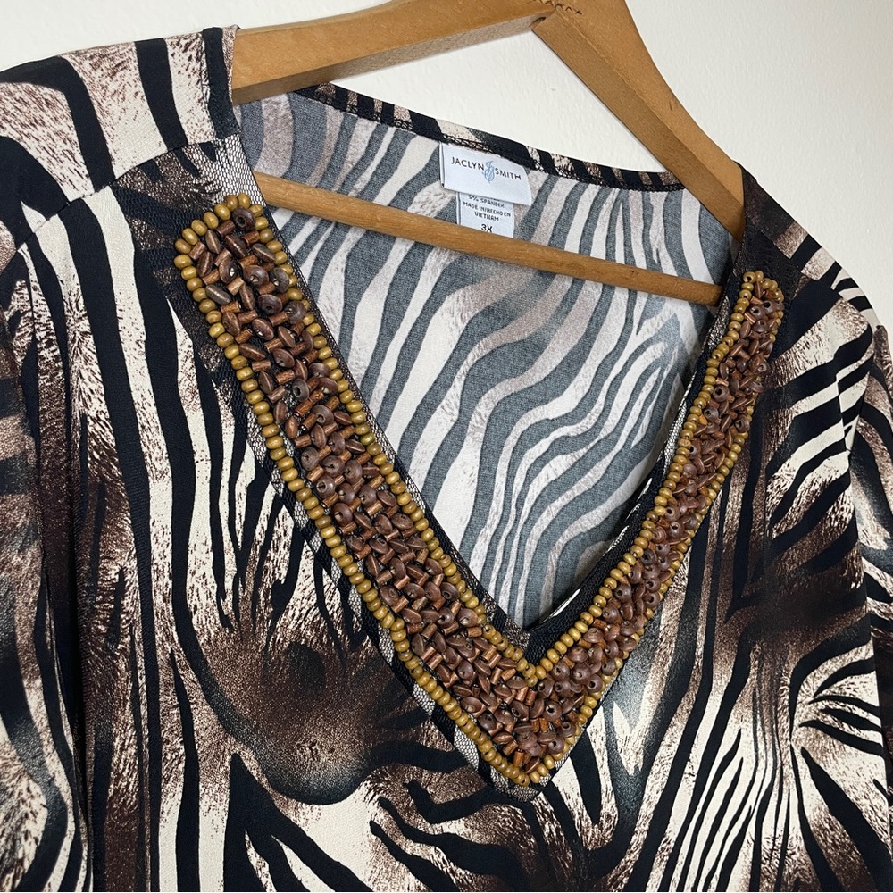 Long Sleeve V Neck 3X Brown Animal Print w/ beading Flowy Top Blouse - Picture 5 of 8